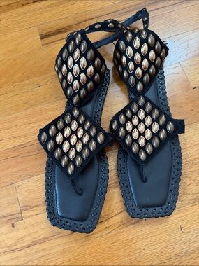 Zara Black Sandals with Gold Oval Studs